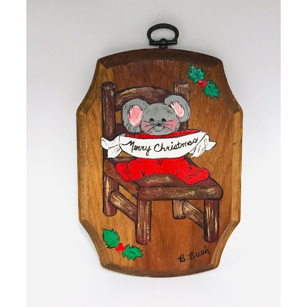 Vintage Kitsch Christmas Mouse Plaque Handmade Signed Hand-painted Kitschmas